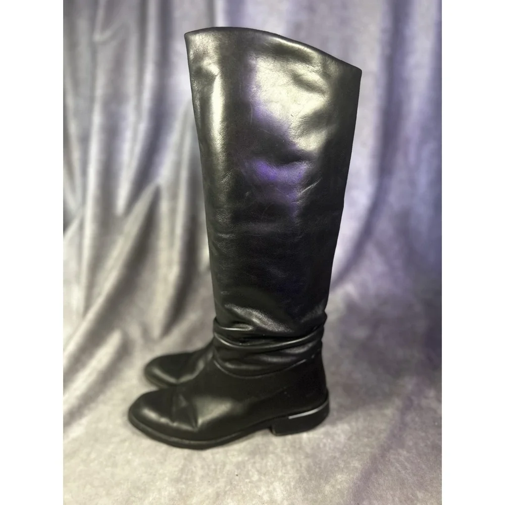 Italian Made Leather Knee High Riding Boots Women's 9B Black Pull On Ruched